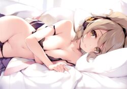 bed blonde_hair blush bra breasts censored headphones ke-ta navel nipples original panties pussy scan short_hair touhou toyosatomimi_no_miko underwear yellow_eyes