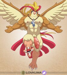 anthro arms_out avian bird_jesus genitals hi_res humanoid_genitalia humanoid_penis jewelry lovkuma male necklace nintendo penis pidgeot pokéball pokémon_(species) pokemon solo solo_male spread_wings video_games wings