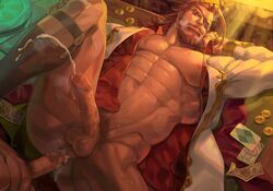 2boys abs anal bara beard body_hair brown_eyes brown_hair censored chest cum ejaculation erect_while_penetrated erection eugen_(granblue_fantasy) eyepatch facial_hair gorokyu granblue_fantasy highres male_focus manly mosaic_censoring moustache multiple_boys muscle pectorals penis projectile_cum sex short_hair solo_focus testicles thick_thighs thighs upper_body yaoi