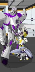 1boy 1girls after_sex ahegao autobot callidus covering_breasts cum cum_in_pussy cum_on_face decepticon dripping dripping_cum fellatio female handjob high_heels highres megatron original_character purple_tron purpletron pussy scar smile tagme transformers transformers_prime