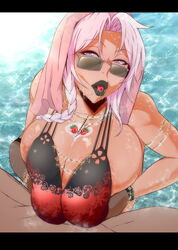 bikini braid breasts fruit glasses huge_breasts jewelry kun_in'ye lipstick looking_over_eyewear looking_over_glasses looking_over_sunglasses milf mole mucc paizuri paizuri_under_clothes partial_male pink_eyes pink_hair sunglasses super_robot_wars super_robot_wars_x-omega swimsuit tinted_eyewear titfuck titjob water wet