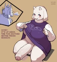 2020 anthro asgore_dreemurr balls big_breasts big_penis boss_monster bovid breasts caprine chubby clothed clothing dialogue english_text erection erection_under_skirt fur furry futa_only futanari genitals gynomorph hi_res honeycalamari horn humanoid_genitalia humanoid_penis imminent_sex mammal penis precum presenting_penis simple_background smile spitting_drink text toriel uncut undertale video_games white_body white_fur