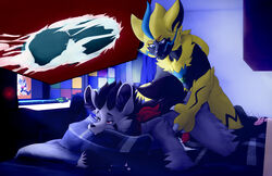 absurd_res anthro bandana bed bite bodily_fluids cum cum_inside cum_on_bed dim_lighting doritomon duo furniture genital_fluids genitals hi_res kerchief legendary_pokémon male male/male mightyena nintendo penis pillow pillow_bite pokémon_(species) pokemon sirius_(siriusgrey) video_games wallpaper zeraora