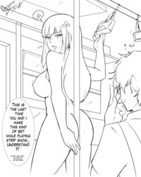 completely_nude dripping_pussy exhibitionism hifumi_togo long_hair monochrome nayaase_beleguii nude persona persona_5 public public_nudity ren_amamiya secretly_loves_it smirking text