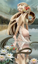 1girls ass blonde_hair bubble_butt castle closed_eyes clothing curvy disney dress echo-x female flower flower_in_hair flowers_in_hair gown lake large_breasts lily_pad long_hair mountain nipples_visible_through_clothing rapunzel reflection see-through_clothing tangled voluptuous wet_clothes