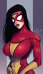 1girls 2019 abs artist_signature big_breasts black_hair bodysuit breasts collarbone devil_hs eye_mask female female_only jessica_drew large_breasts lips lipstick looking_at_viewer marvel marvel_comics mask masked neck puckered_lips purple_background red_lipstick signature simple_background solo solo_female spider-woman superheroine toned toned_female upper_body western_art