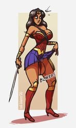 1girls breasts cleavage clitoris curvy dc_comics female female_only flossing hyper_pussy justice_league large_breasts olive_skin panties pussy pussy_expansion skirt skirt_lift solo surprised sword tail-blazer weapon wonder_woman wonder_woman_(series)