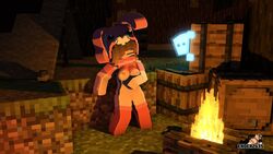 1boy 1girls 3d blue_eyes brown_hair bunny_costume campfire camping character ender2435 female ghost_boy human lola_(ender2435) masturbation minecraft night no_panties outdoors pink_stockings small_breasts solo