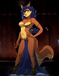 amber_eyes armband belly_dancer belly_dancer_outfit boots carmelita_fox dancer dancer_outfit dark_blue_hair female fox_ears fox_girl fox_tail fur furry gun hand_on_hip large_breasts loincloth looking_at_viewer lost_clothes maverikat one_breast_out slave slave_bikini slave_leia_(cosplay) sly_cooper_(series) smooth_fur wardrobe_malfunction