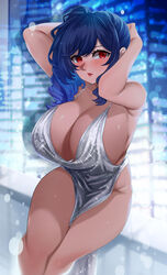 1girls arms_behind_head asymmetrical_hair azur_lane backless_outfit bangs bare_shoulders blue_hair blush breasts cleavage cleavage_dress dress evening_gown female female_only grey_dress hair_ornament hairclip halter_dress huge_breasts open-back_dress parted_lips ponytail red_eyes revealing_clothes sequin_dress side_ponytail sidelocks silver_dress sitting st._louis_(azur_lane) st._louis_(luxurious_wheels)_(azur_lane) sumisumii thighs tied_hair