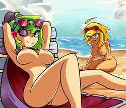 2girls ahoge armpits beach blonde_hair breasts diego_zx-f female freckles goggles_on_head green_hair green_shadow_(pvz) human human_only humanized humanoid naked nipples nude peashooter_(pvz) personification plant plant_girl plants_vs_zombies plants_vs_zombies:_heroes pussy short_hair solar_flare_(pvz) sunflower sunflower_(pvz) vagina wink