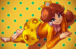 1girls ass ass_focus big_ass big_butt bimbo blue_eyes booty brown_hair bubble_ass bubble_butt butt_focus crown dat_ass female female_only full_body fully_clothed huge_ass laying_down looking_at_viewer mario_(series) medium_breasts negarobo nintendo princess_daisy robert_porter simple_background solo