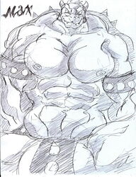 1boy abs anthro big_muscles bowser furry huge_muscles male male_only mario_(series) monochrome muk100 muscles muscular muscular_male nude_male simple_background sketch solo_male tagme