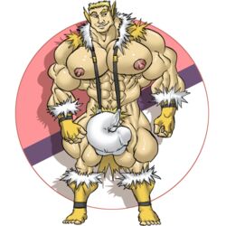 bara barely_clothed big_muscles bodybuilder huge_pecs huge_penis huge_thighs humanized jolteon male_only muk100 muscular_male pokemon tagme