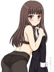 1girls ass black_bra black_panties blush changing embarrassed female female_only human iino_miko kaguya-sama_wa_kokurasetai_~tensai-tachi_no_renai_zunousen~ long_hair looking_at_viewer school_uniform solo tights