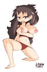 azumanga_daiou brown_eyes brown_hair clothing eye_bags female large_breasts on_one_knee open_mouth pajamas panties sleepy solo urban-centre white_background yukari_tanizaki