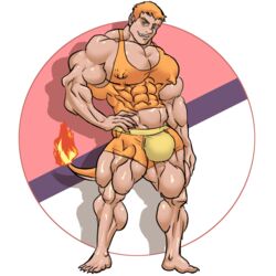 bara barely_clothed big_muscles bodybuilder charmander huge_pecs huge_thighs humanized male_only muk100 muscular_male nintendo pokémon_(species) pokemon tagme