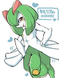 1boy anakitsune anthro anthrofied balls big_balls big_penis eye_contact flaccid flaccid_penis green_skin huge_cock kirlia looking_at_viewer male male_kirlia male_only nintendo nipples pokemon pokemon_(species) pokemon_rse red_eyes testicles white_background white_skin