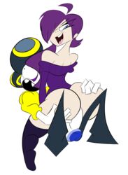 1boy 1girls anal anal_sex ass bare_shoulders blue_balls blue_eyes hat highres oboithisisfunky open_mouth pan_pizza pants penetration purple_hair rebeltaxi sweater thighhighs toony transparent_background white_skin zone-tan