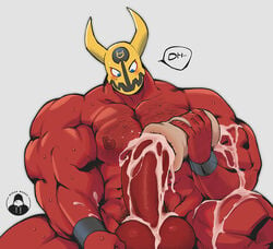 bara big_balls big_penis blush boner chest_hair cum cum_on_arm cum_on_balls cum_on_body cum_on_leg cum_on_penis cum_on_self cumshot devil_mask_(mskah) erection gay hairy_balls looking_at_penis looking_down lucha_del_diablo male male_only mask mskah nude orgasm original_character pubic_hair sex_toy solo speech_bubble spread_legs text