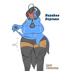 alien banshee_(warframe) big_breasts big_breasts blush breasts breasts clothed dark_skin female_only fully_clothed garter_belt garter_straps huge_breasts humanoid large_breasts lwd_cartoonz ninja ripped_clothing skirt sweatdrop thick_legs thick_thighs upskirt video_games warframe