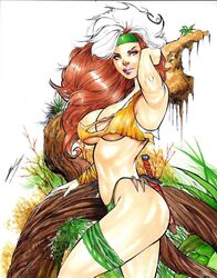 1girls anna_marie armband armpits brown_hair cleavage curvy ed_benes_studio ednardo_ferreira female female_only green_eyes green_headband hand_on_head headband homo_superior jungle knife large_breasts long_hair looking_at_viewer marvel marvel_comics multicolored_hair mutant rogue_(x-men) savage_land solo thick_thighs torn_clothes voluptuous white_hair x-men