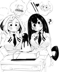 2girls big_breasts big_penis bimbo black_hair blush breasts busty censored chocolate_on_penis coffing_(artist) disembodied_penis huge_breasts imminent_fellatio imminent_oral izuku_midoriya long_hair looking_at_penis looking_down monochrome my_hero_academia ochako_uraraka penis short_hair surprised surprised_face teenager tsuyu_asui