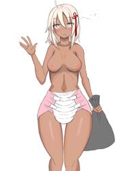 breasts cashuabdl dark-skinned_female dark_skin diaper female nipples okita_souji_(fate)_(all) topless white_hair