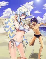 1boy 1girls =sai= barefoot beach bikini black_bikini blonde_hair blue_hair blush breasts female long_hair long_hair_female male multicolored_hair navel nia_teppelin nipple_slip nipples noritake short_hair short_hair_male simon_(tengen_toppa_gurren_lagann) speedo string_bikini striped striped_bikini striped_swimsuit swimsuit tengen_toppa_gurren-lagann tengen_toppa_gurren_lagann wardrobe_malfunction white_bikini