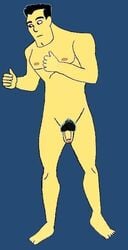 average_sized_penis black_hair blue_background captain_hero cleft_chin drawn_together flaccid full-length_portrait large_chin looking_to_the_side male male_only nude penis superhero tagme yellow_skin