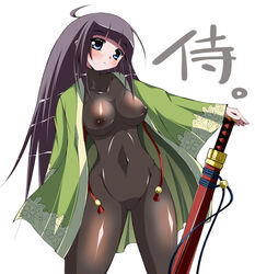 1girls ahoge black_hair blue_eyes bodysuit erect_nipples female female_only human kaga_taichi latex long_hair no_visible_genitalia open_clothes open_shirt saga_taichi samurai samurai_(7th_dragon) scabbard see-through sheathed_weapon shiny shirt skin_tight solo sword weapon