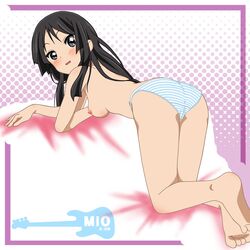 all_fours ass bad_feet bad_hands barefoot black_eyes black_hair blush breasts feet female female_only human human_only k-on! long_hair looking_back mio_akiyama_(k-on!) nipples open_mouth panties rm solo striped striped_panties topless underwear