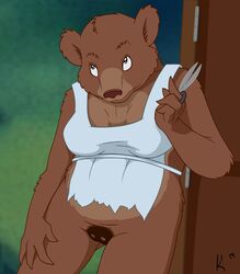 anthro anthro_only bear big_breasts brown_bear brown_fur cheek_tuft clothing concerned_look ear_tuft female_anthro female_feral feral feral_only head_tuft little_bear mother_bear ripped_clothing scissors special_k tagme two_tone_fur ursid