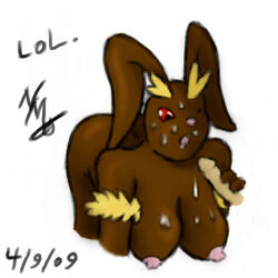 2009 bent_over breasts brown_fur color exposed_breasts female fur furry furry_breasts handjob lopunny male marukomuru nintendo penis pokemon pokemon_(species) straight