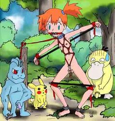 bondage darkstar dildo gag gagged green_eyes kasumi_(pokemon) machop nintendo orange_hair pikachu pokemon psyduck what wooden_dildo