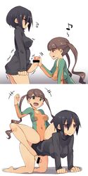 2girls all_fours bar_censor black_hair breasts brown_hair censored erect_nipples expressionless futanari green_eyes hair highres intersex landolt_tamaki leotard long_hair multiple_girls naked_sweater original penis riding short_hair smile sweater tied_hair twintails