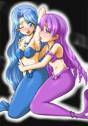 2girls arm_up armpit_licking armpits blush caren caren_(mermaid_melody_pichi_pichi_pitch) earrings female incest jewelry jouwan licking mermaid mermaid_melody_pichi_pichi_pitch mole mole_under_eye monster_girl multiple_girls necklace noel noel_(mermaid_melody_pichi_pichi_pitch) seashell_bra siblings sister sisters tickling wink yuri