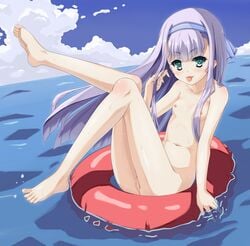 :p barefoot blush breasts cloud feet female female floating green_eyes hair_ribbon innertube lavender_hair leg_up legs long_hair medeath navel nipples nude ocean outbreak_company petralka_anne_eldant_iii pussy ribbon sitting sky small_breasts soles solo thighs toes tongue tongue_out uncensored water wet