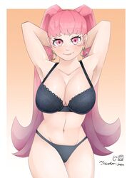 1girls armpits arms_behind_head black_underwear boobs breasts claraspregs earrings female fire_emblem fire_emblem:_three_houses hilda_valentine_goneril large_breasts long_hair looking_at_viewer navel nintendo pink_eyes pink_hair smile solo twintails underwear underwear_only