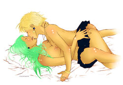 2girls bishoujo_senshi_sailor_moon blonde_hair clothing earrings female female_only foreplay green_hair haruka_tenou imminent_sex kissing long_hair lying_on_back lying_on_person making_out michiru_kaiou miniskirt multiple_girls rocktuete sailor_neptune sailor_uranus short_hair skirt small_breasts topless yuri