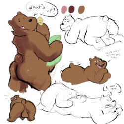 1:1 anal anonymous_artist anus ass ass_up balls big_balls big_butt brown_bear brown_body brown_fur butt_grab butt_wiggle cartoon_network dialogue dildo dildo_sitting duo fur genitals grizzly_(wbb) grizzly_bear hand_on_butt hi_res ice_bear looking_at_viewer male male/male mammal nude oral penetration penis polar_bear rimming sex sex_toy simple_background sketch smile solo teasing ursid ursine video_games we_bare_bears