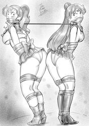 arms_behind_back bishoujo_senshi_sailor_moon black_and_white bondage bound_together clothing collar dakuroihoshi drawing femsub fenrilhuayra gag gagged hair_bun high_heel_boots high_heels linked_collar makoto_kino medium_breasts multiple_subs panties ponytail rope sailor_jupiter sailor_pluto setsuna_meiou short_skirt skirt small_breasts tagme tape tied_up