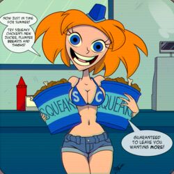 1girls aeolus06 big_breasts bikini_top blank_stare blue_eyes breasts chareen cleavage creepy_smile dialogue english_text female_only food fried_chicken hourglass_figure jean_shorts nickelodeon open_eyes orange_hair rugrats smile speech_bubble squeaky_chicken_girl uncanny_valley wide_hips