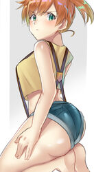 1girls ass big_ass blush female gakuon_(gakuto) green_eyes hand_on_own_thigh kasumi_(pokemon) kneeling minishorts nintendo orange_hair pale-skinned_female pale_skin pokemon pokemon_rgby short_hair shorts simple_background thick_thighs thighs white_background