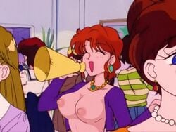 1girls accurate_art_style big_breasts bishoujo_senshi_sailor_moon breasts clothing earrings edit erect_nipples exposed_breasts jae_dream jewelry large_breasts mature mature_woman mayumi_osaka medium_breasts megaphone milf mother necklace nipples open_cardigan open_clothes open_mouth orange_hair pale-skinned_female pale_skin public puffy_nipples style_parody toei_animation wavy_hair