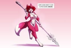 2020 anthro black_nose blush breasts canid canine chest_tuft countershading dialogue dipstick_tail english_text female fox fur hair holding_object holding_spear holding_weapon mammal melee_weapon multicolored_tail navel nipples nude on_one_leg pawpads pink_body pink_fur polearm red_eyes red_hair regys_(carp) simple_background smile solo spear standing text tuft watsup weapon white_countershading