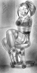 arms_behind_back black_and_white bondage chair_bondage dakuroihoshi drawing femsub fenrilhuayra gag gagged glasses high_heels momo_yaoyorozu monochrome my_hero_academia office_lady pantyhose ponytail rope secretary tagme tape tape_bondage tape_gag tied_up