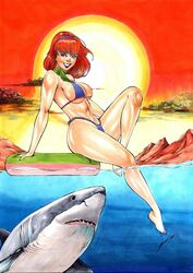 belly bikini curvy daphne_blake ed_benes_studio ednardo_ferreira hairband hanna-barbera imminent_danger large_breasts looking_at_viewer medium_hair ocean purple_eyes red_hair scarf scooby-doo seaside shark sun surfing swimsuit thick_thighs voluptuous