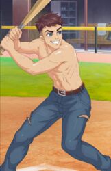 1boy ace_(blush_blush) baseball baseball_bat blue_eyes blush_blush brown_hair game gay male male_focus male_only sad_panda_studios topless topless_male yaoi