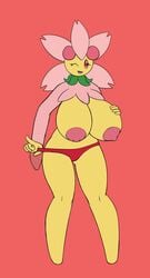 1girls 2016 anthro anthrofied areolae breasts cherrim eyelashes female hand_on_breast large_areolae large_breasts looking_at_viewer nintendo nipples noiverus open_mouth panties panty_pull pink_eyes pokemon pokemon_dppt red_background red_panties simple_background solo wink yellow_skin